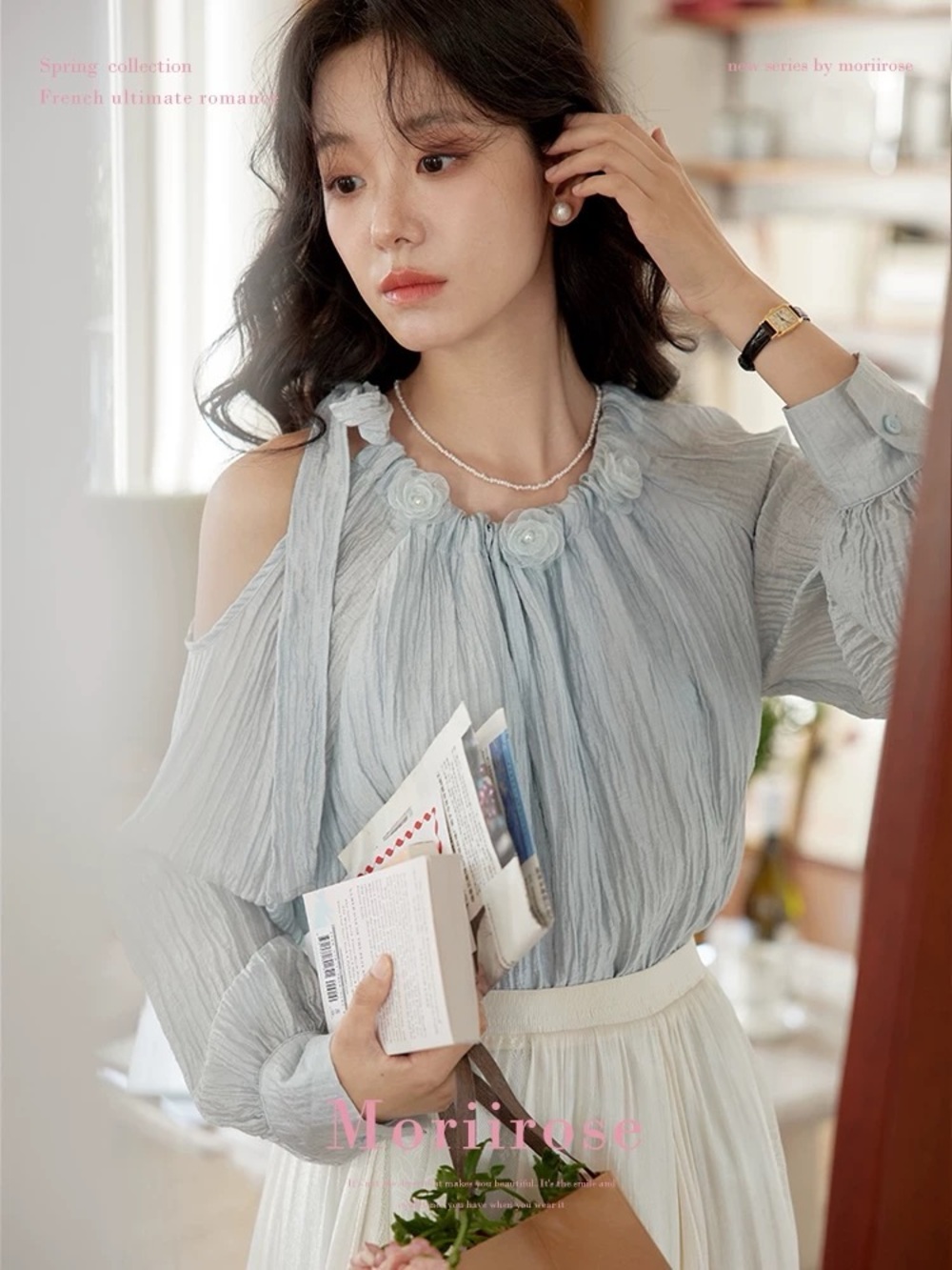 Cold-Shoulder Ruffle Neck Blouse in Pale Blue